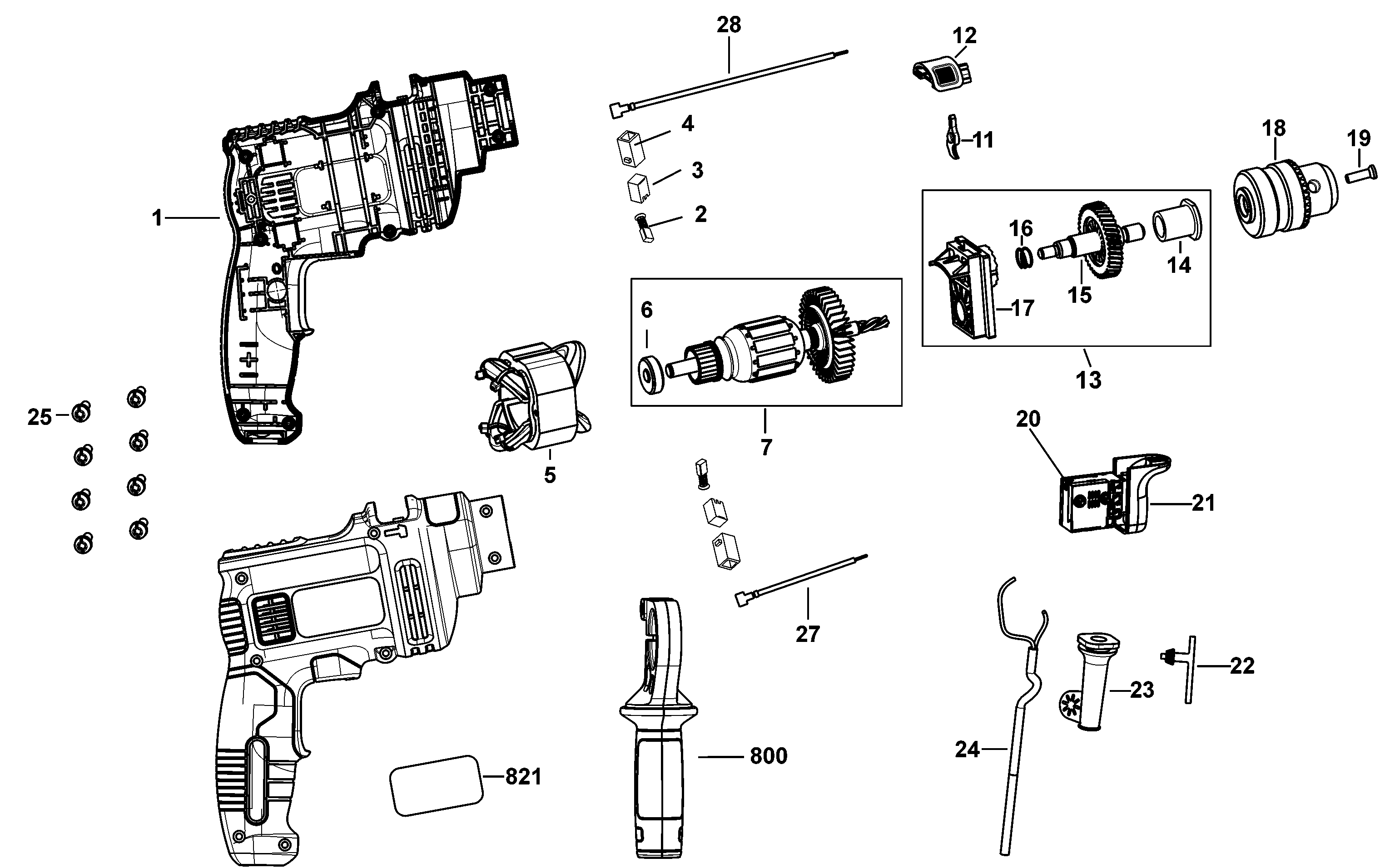 Default Diagram and Parts List for TP555-AR Type 1 Black and Decker Electric Drill